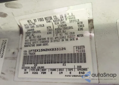 1992 Ford F150 из США, поврежденный, VIN 1FTEX15N2NKB33124